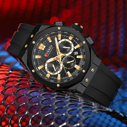 Reloj CURREN 8464 con correa de silicona negra y esfera negra con detalles dorados